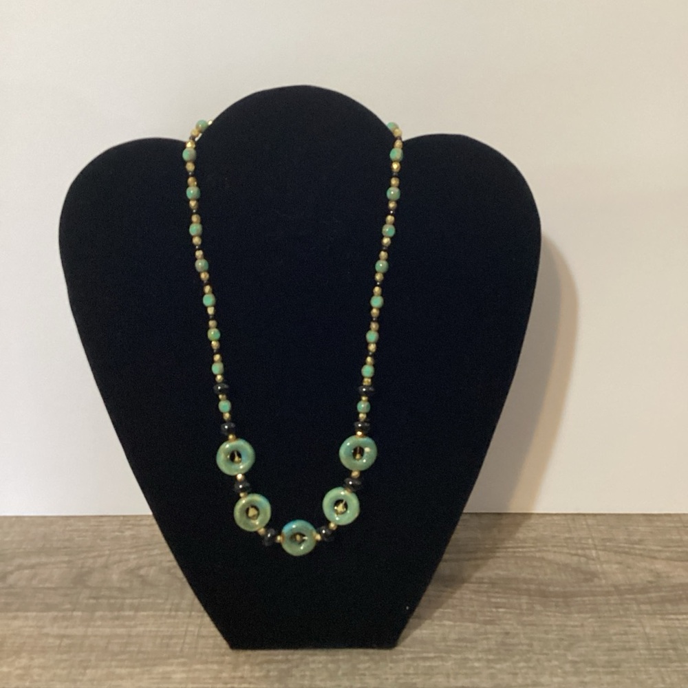 Vintage Beaded Necklace in Green, Black and Gold Length Approx. 20 inches